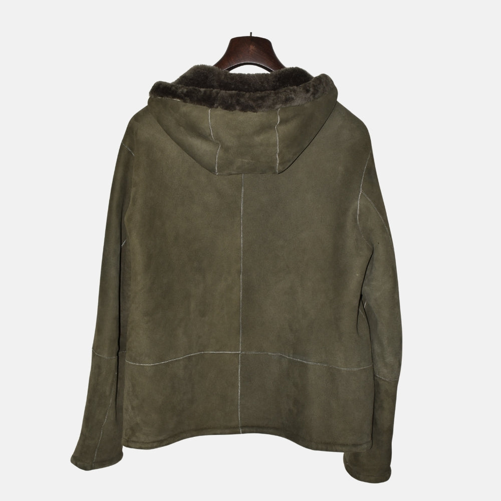 Olive Hooded Revisable Jacket made of Sheep Leather (EU 50)