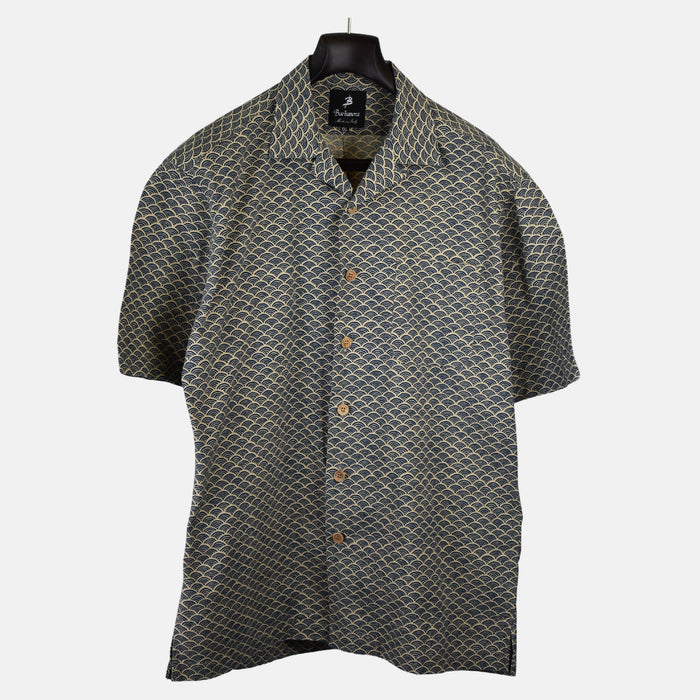 Blue/Beige Patterned Short-Sleeve Shirt made of Cotton (XXL)