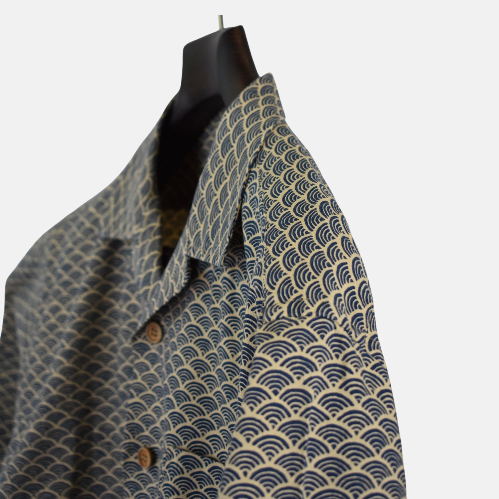 Blue/Beige Patterned Short-Sleeve Shirt made of Cotton (XXL)