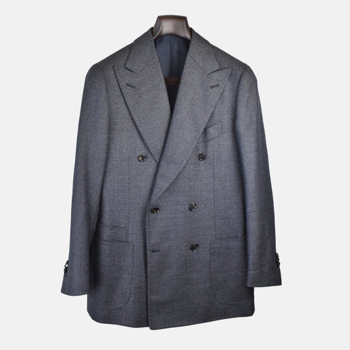 Dark Blue Patterned Double-Breasted Suit made of Wool (EU 46)