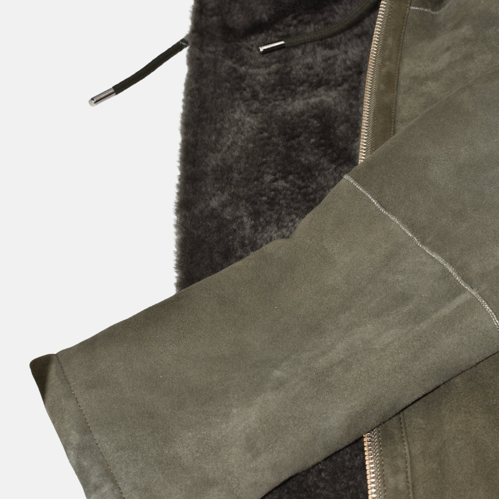 Olive Hooded Revisable Jacket made of Sheep Leather (EU 50)