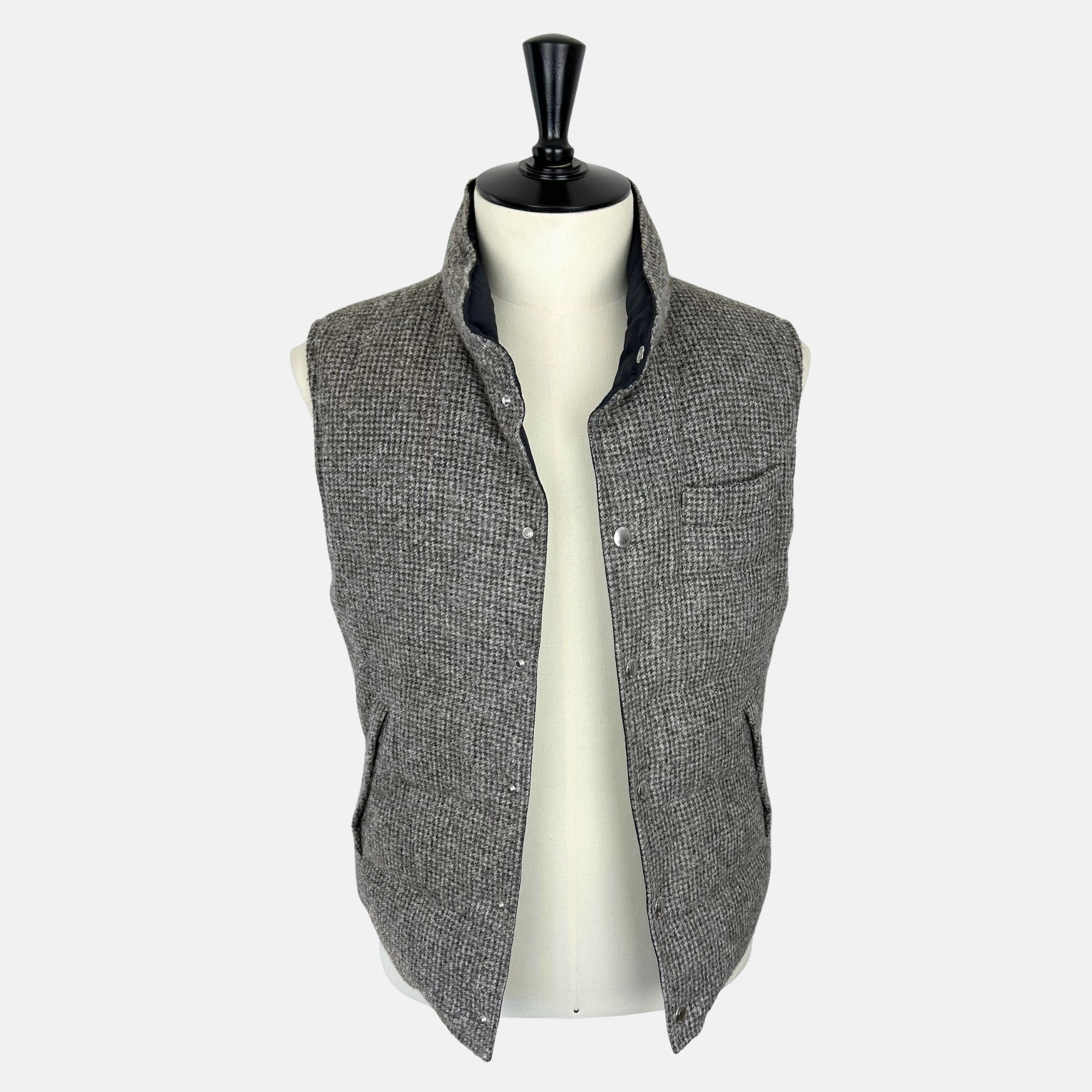 Gray Patterned/Navy Reversible Down Vest made of Wool/Alpaca/Polyamide/Cashmere (M)