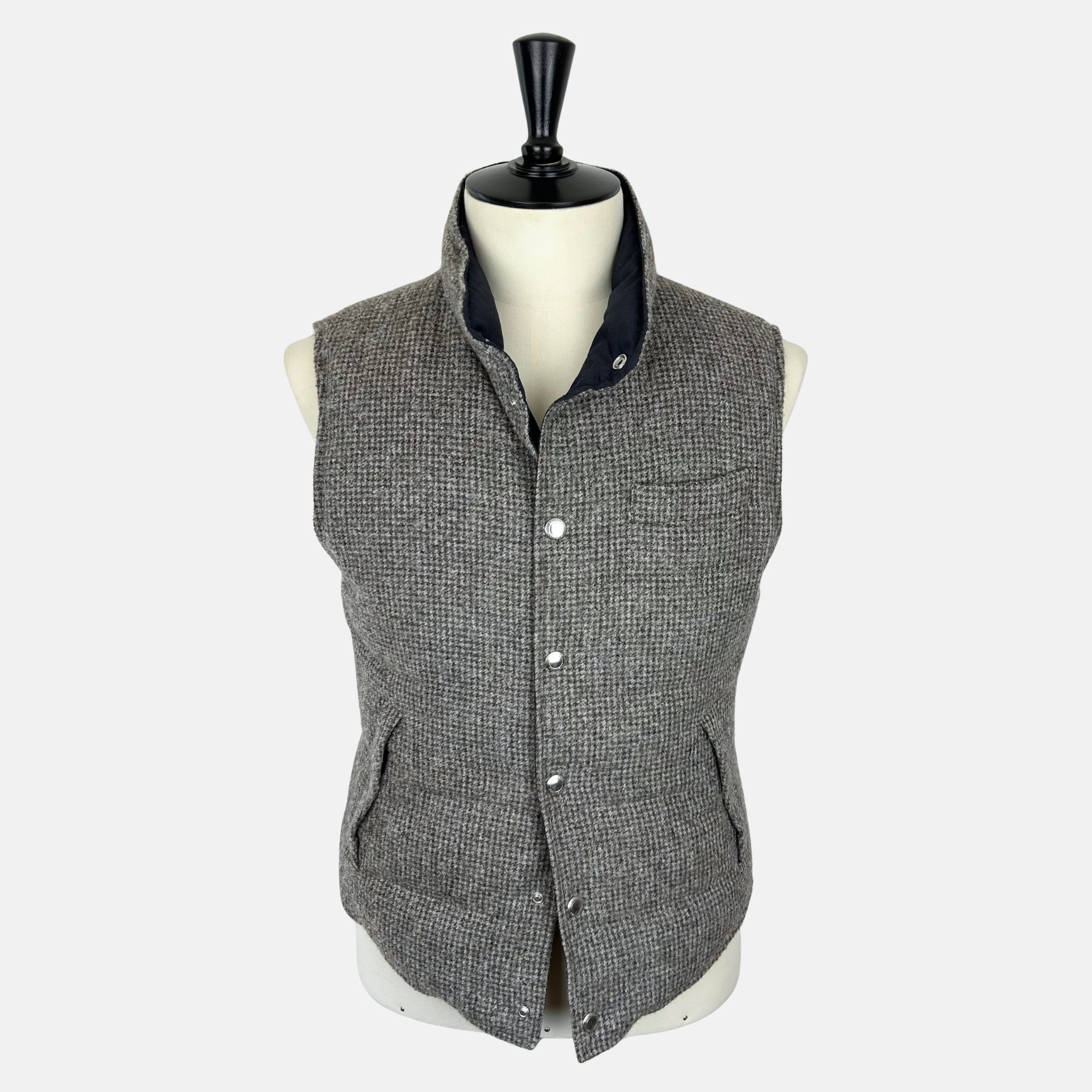 Gray Patterned/Navy Reversible Down Vest made of Wool/Alpaca/Polyamide/Cashmere (M)