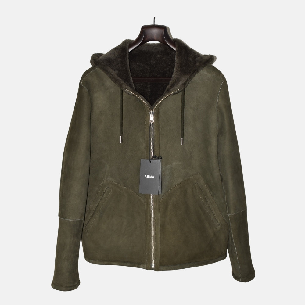 Olive Hooded Revisable Jacket made of Sheep Leather (EU 50)