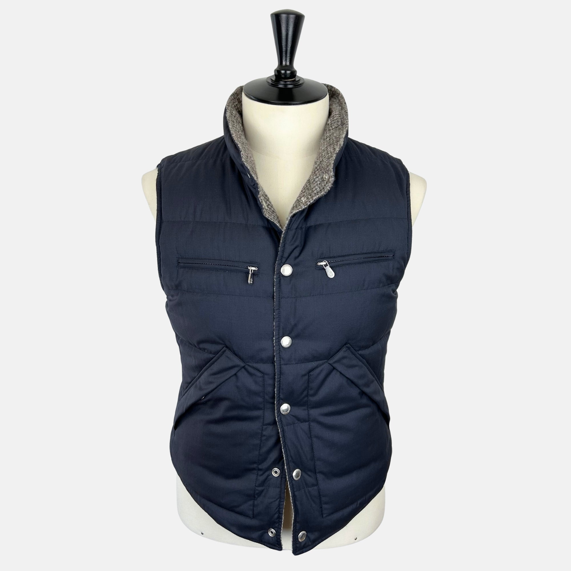 Gray Patterned/Navy Reversible Down Vest made of Wool/Alpaca/Polyamide/Cashmere (M)