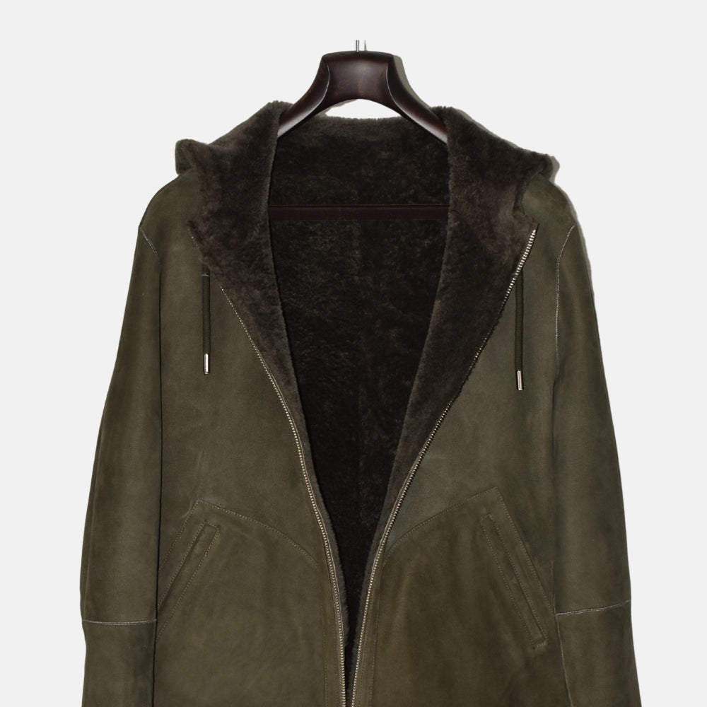 Olive Hooded Revisable Jacket made of Sheep Leather (EU 50)