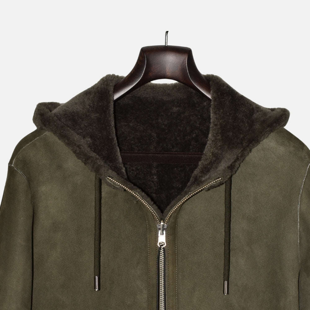 Olive Hooded Revisable Jacket made of Sheep Leather (EU 50)