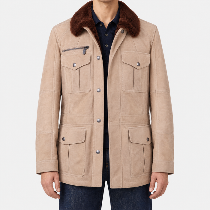 Suede Shearling Safari Jacket Beige