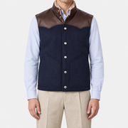 On-model | Navy Brown Wool Leather Down Gilet