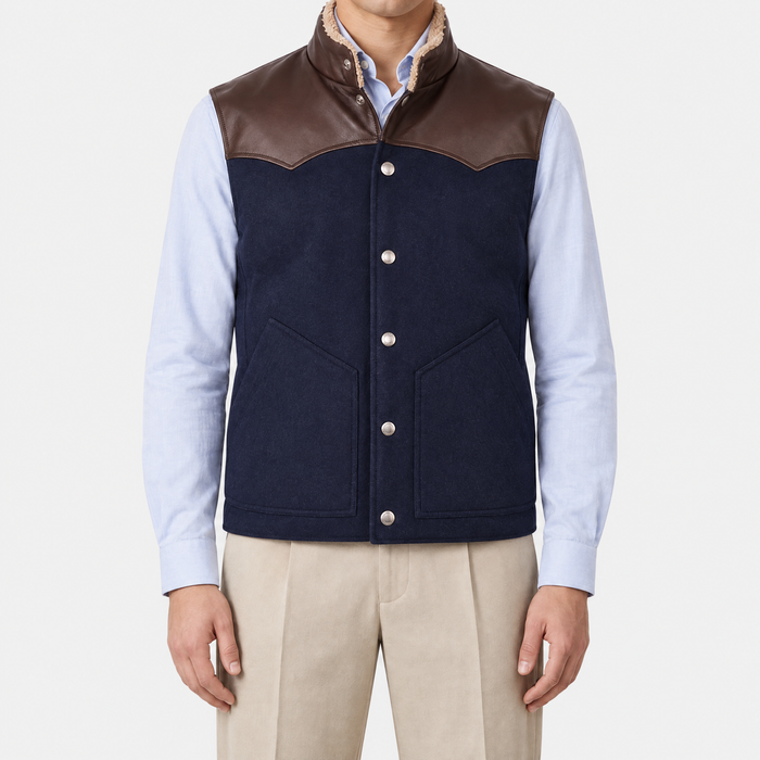Navy Brown Wool Leather Down Gilet