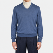 On-model | Blue V Neck Cashmere Silk