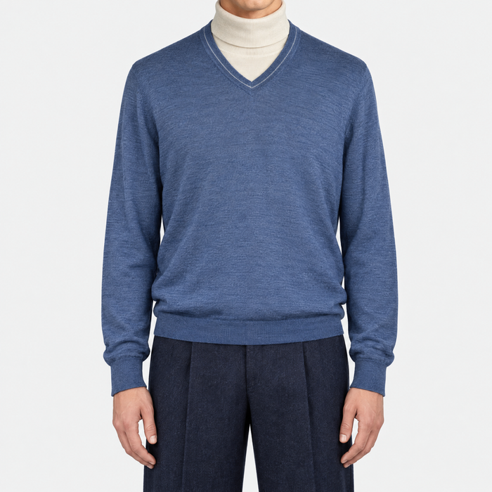 Blue V Neck Cashmere Silk