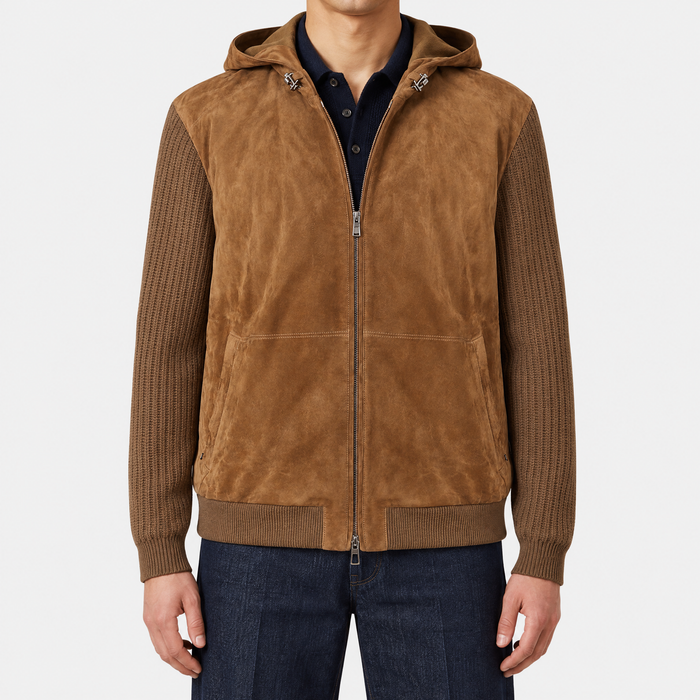 Brown Suede Cashmere Hooded Bomber Jacket