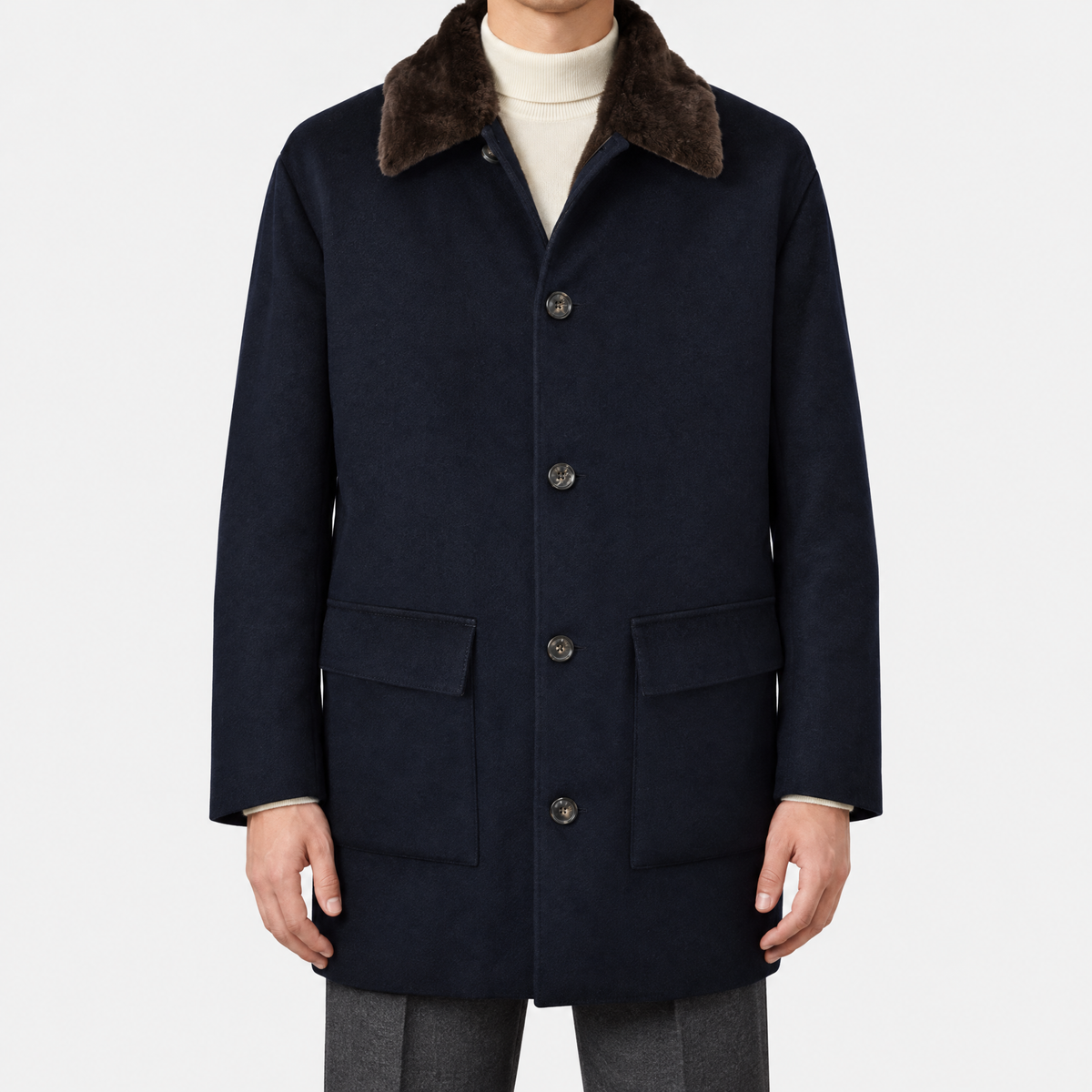 2026-10-30_Loro Piana_Navy Cashmere Coat with Nutria Fur Lining_On-model