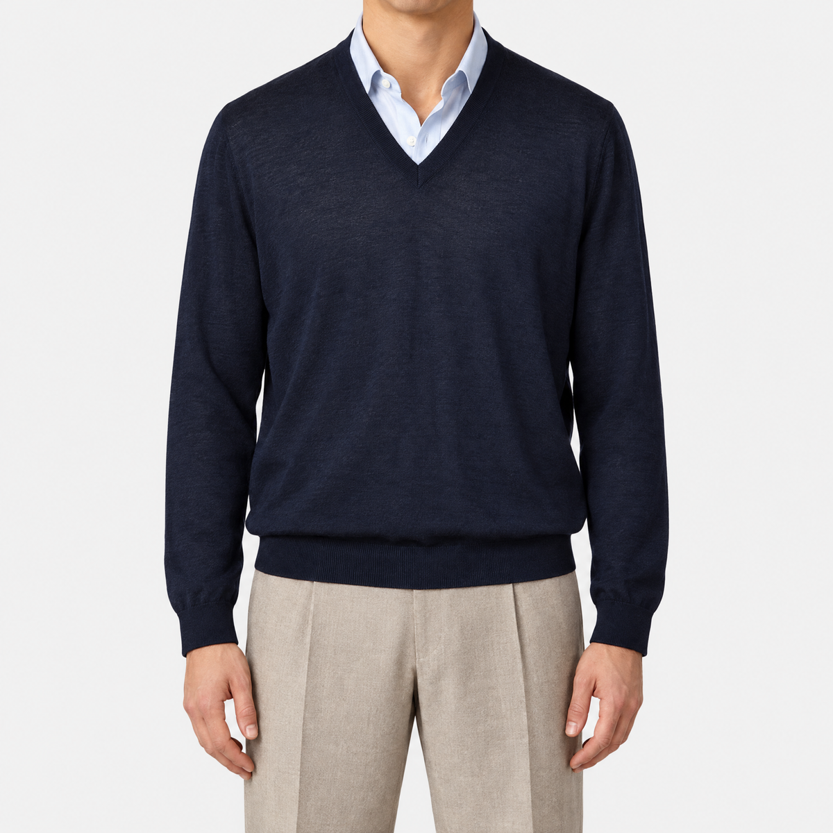 Navy Virgin Wool V-Neck Sweater (EU 54)