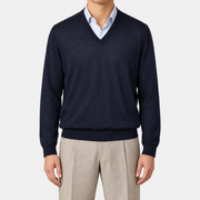 On-model | Navy Virgin Wool V-Neck Sweater (EU 54)