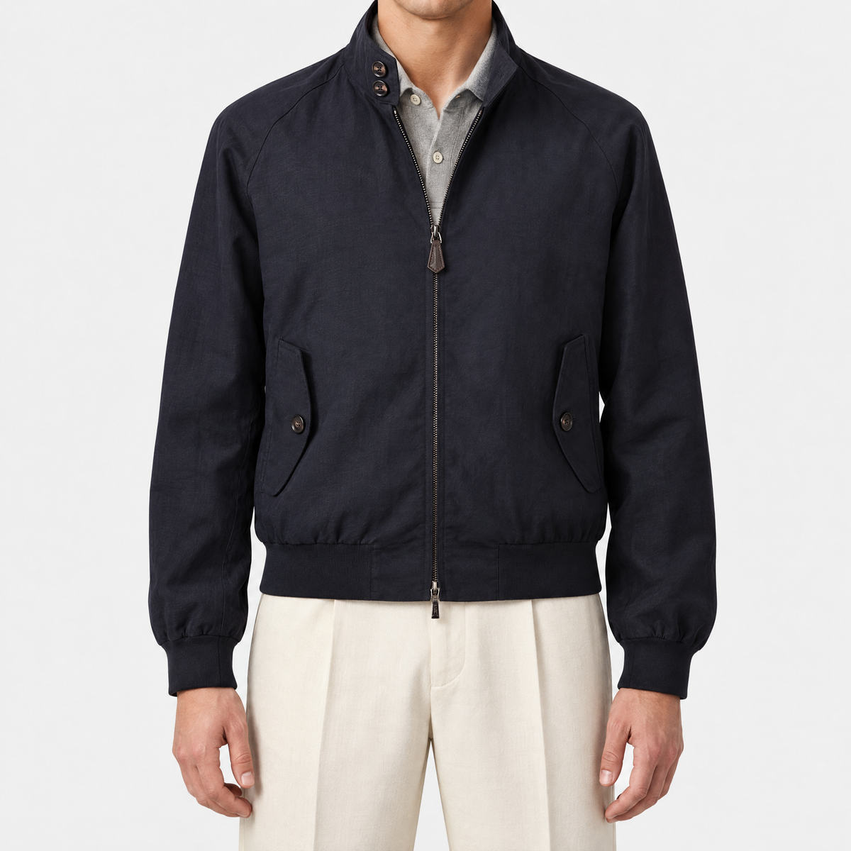 On-model | Navy Mason Linen Bomber