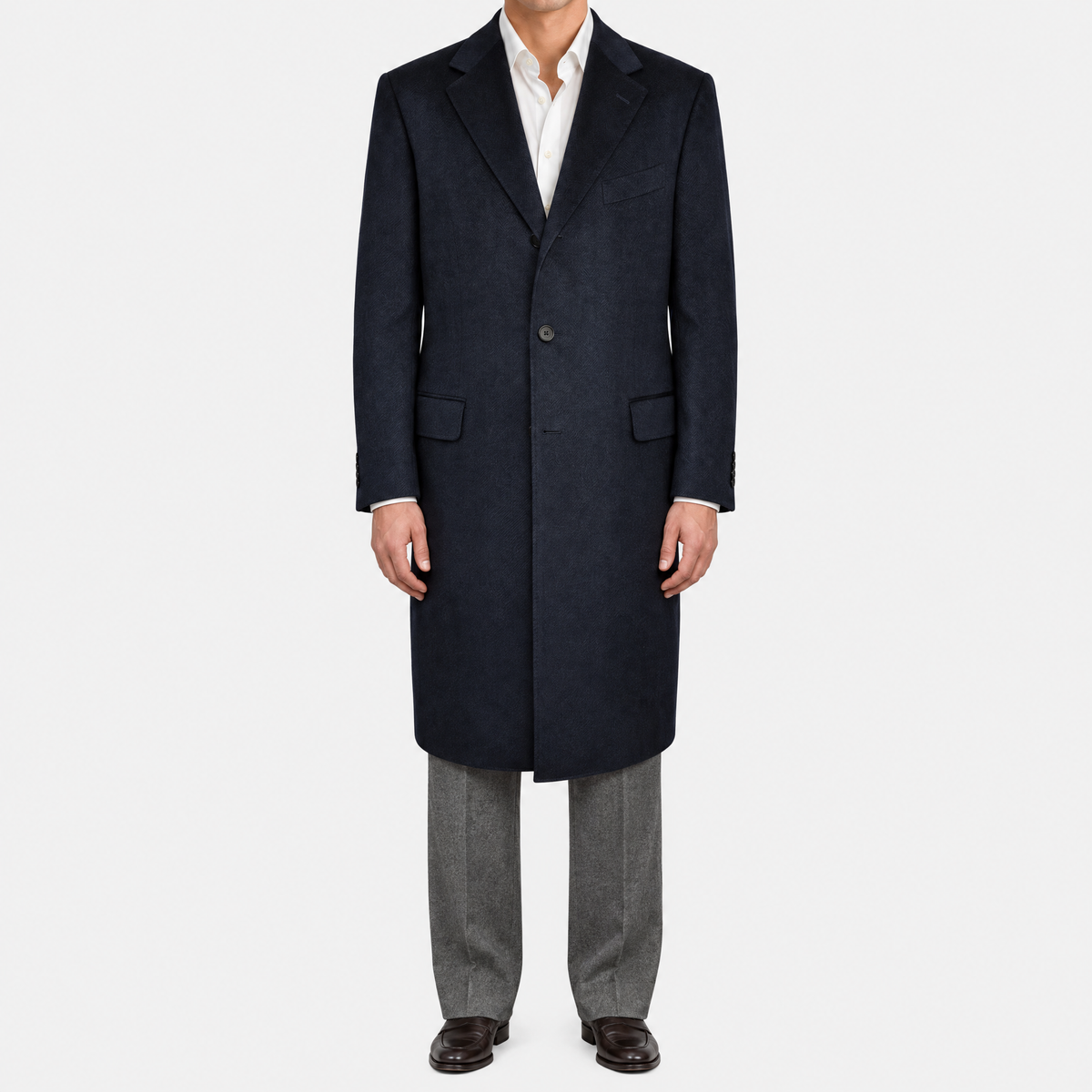 Dark Navy Herringbone Cashmere Coat
