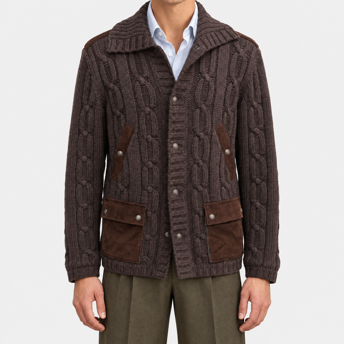 Brown Suede Cable Knit Cardigan