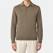 On-model | Taupe Melange Virgin Wool Longsleeve Polo (EU 48)