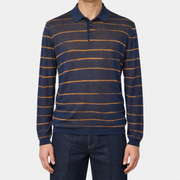 Blue-Ochre Silk Patterned Longsleeve Polo (EU 50)