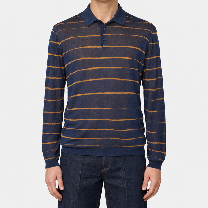 Blue-Ochre Silk Patterned Longsleeve Polo (EU 50)