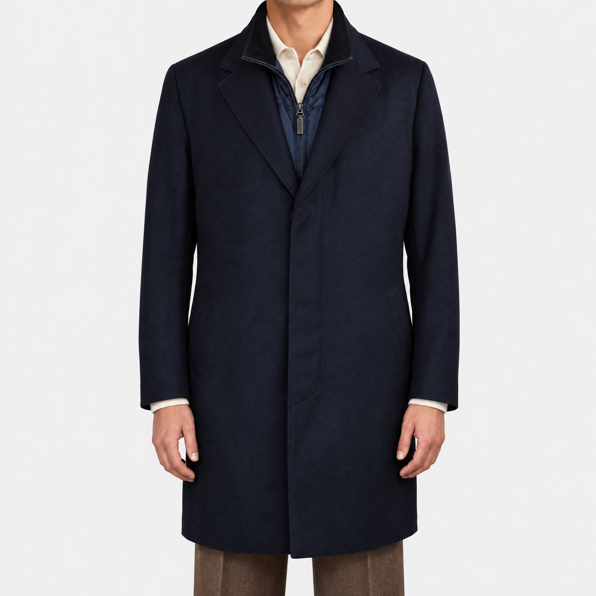 Navy Wool Overcoat with Detachable Quilted Gilet
