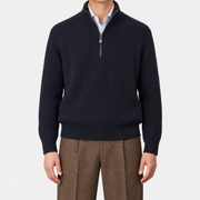 On-model | Navy Castorino Baby Cashmere Half-Zip Bomber