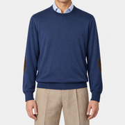 On-model | Blue Crewneck Cashmere/Silk (leather Patches)