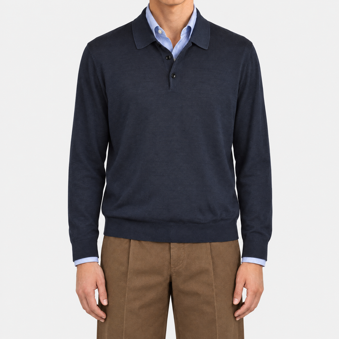 Navy Silk Longsleeve Polo