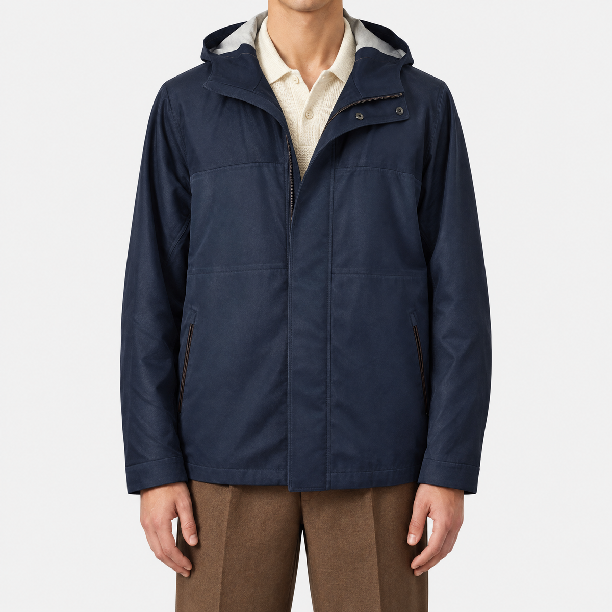 Navy Rain System Hooded Silk Jacket