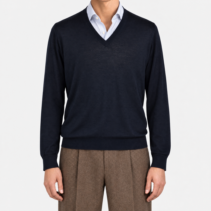 Midnight Blue Silk V-Neck Sweater (EU 56)