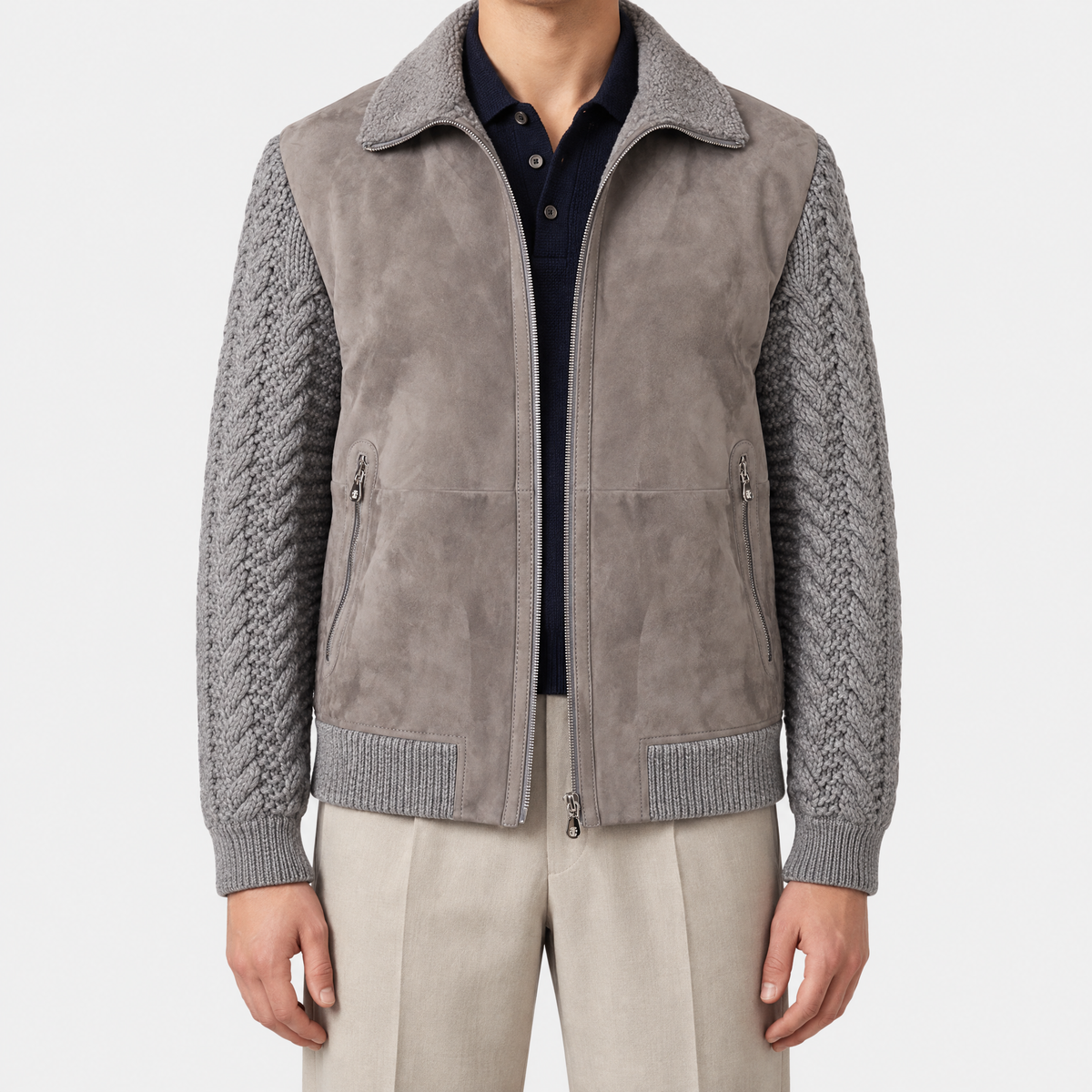 Suede Shearling Cashmere Thermore Bomber Grey