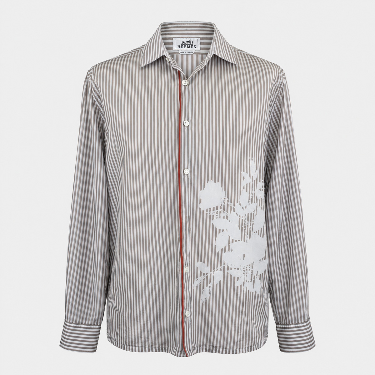 Taupe Stripe Cotton Shirt with Floral Print