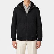 On-model | Black Hooded Shearling Jacket