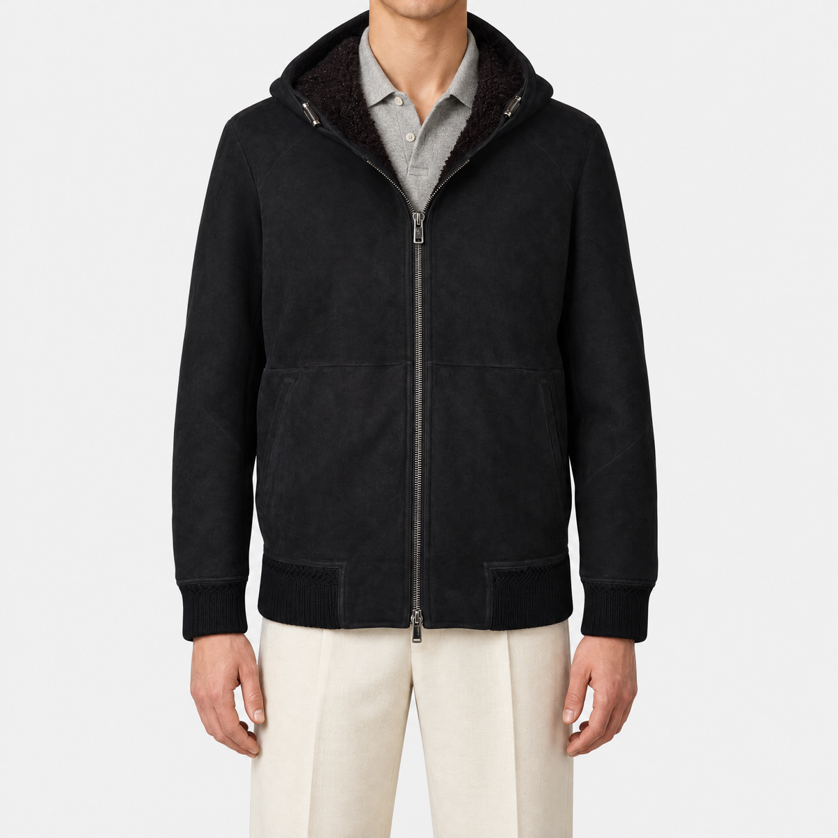 On-model | Black Hooded Shearling Jacket