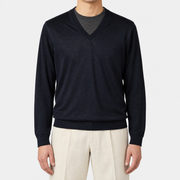 On-model | Midnight V Neck Wool Silk