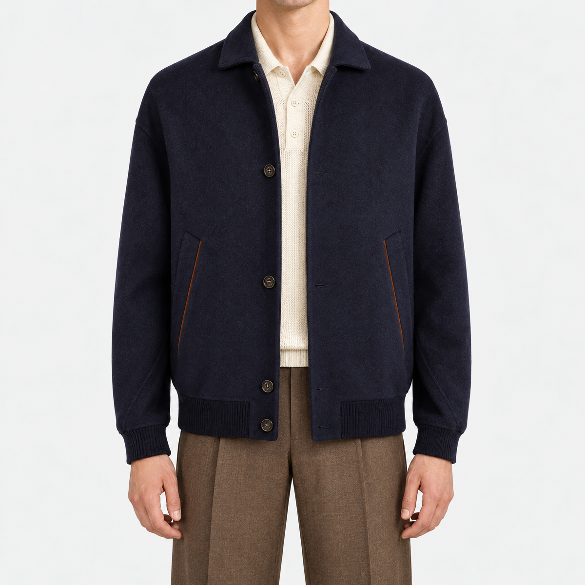 On-model | Navy Cashmere Bomber Jacket