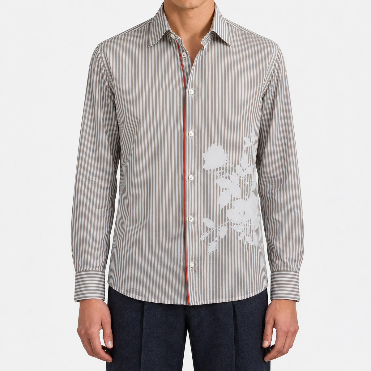 Taupe Stripe Cotton Shirt with Floral Print