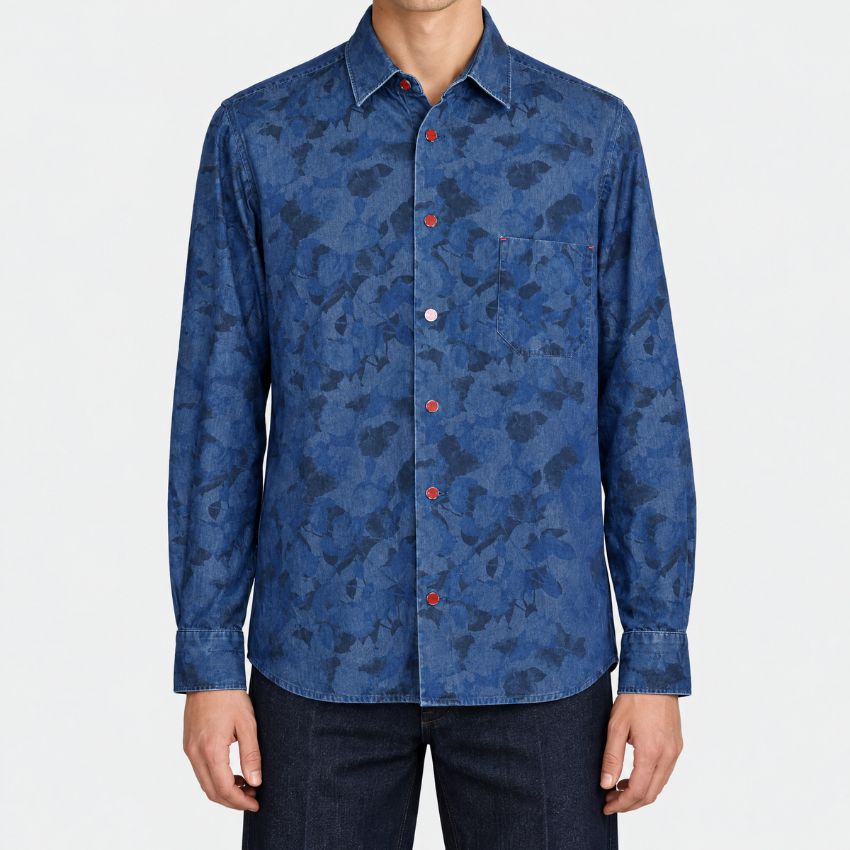 Blue Floral Print Denim Shirt