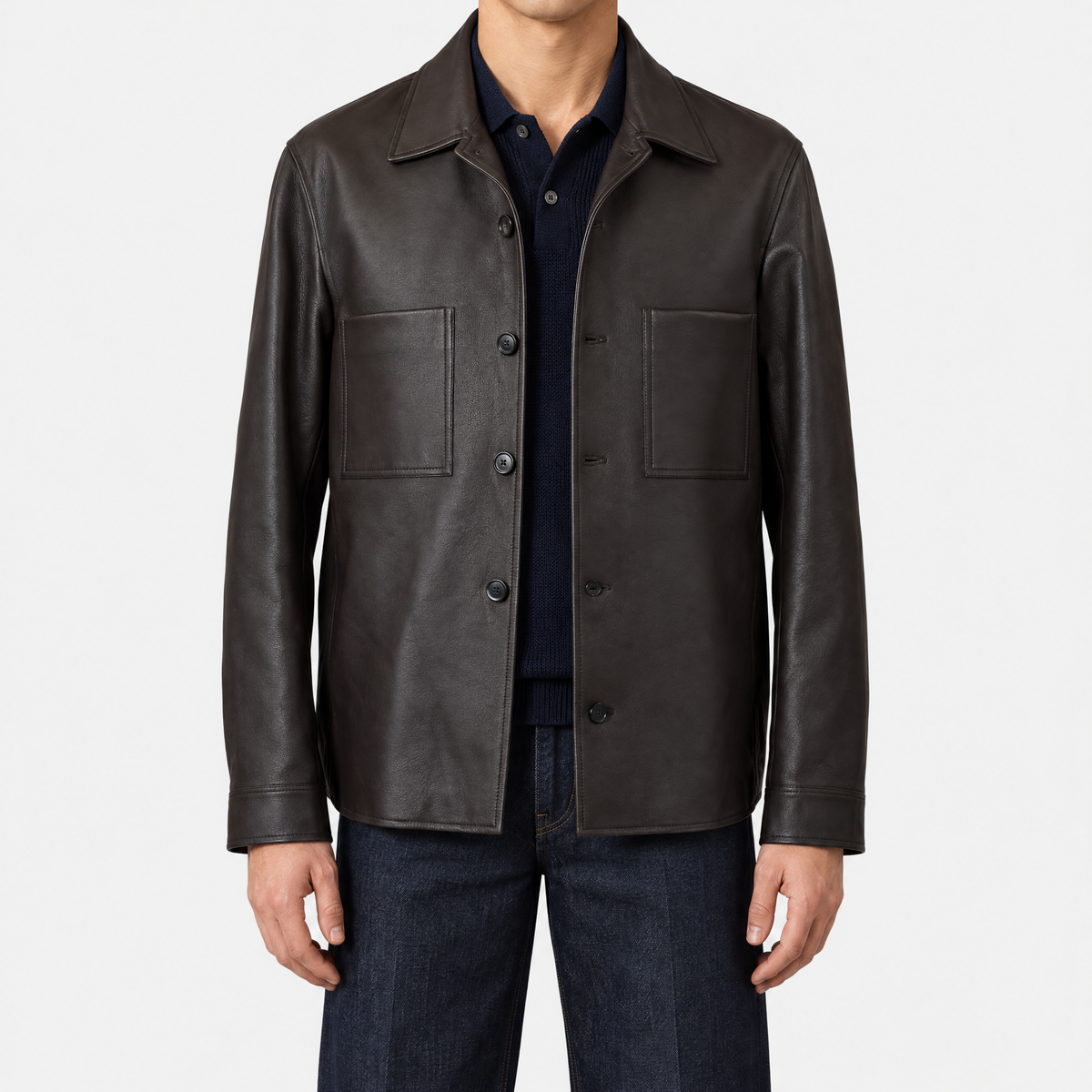 Dark Brown Calfskin Leather Shirt Jacket