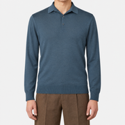 On-model | Petrol Virgin Wool Longsleeve Polo (EU 48)