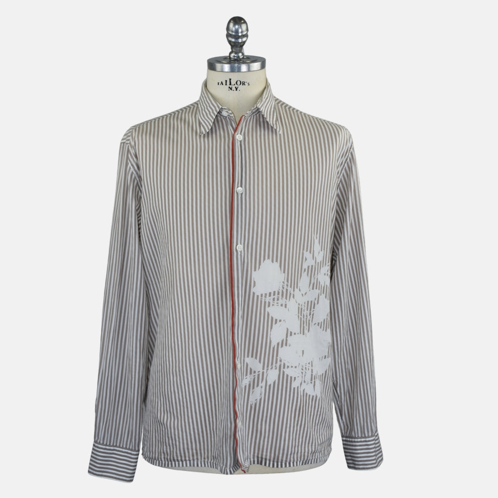 Taupe Stripe Cotton Shirt with Floral Print