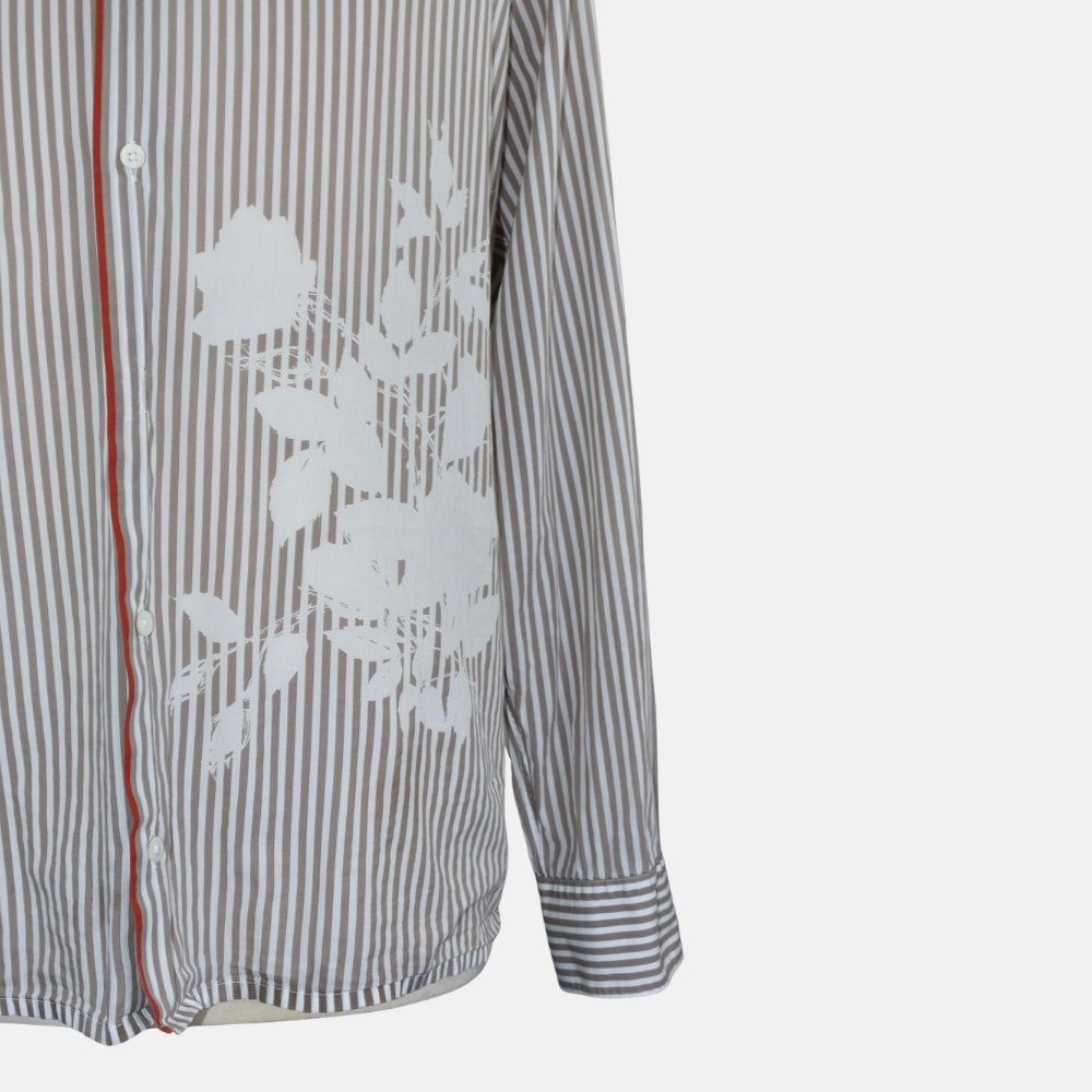 Taupe Stripe Cotton Shirt with Floral Print