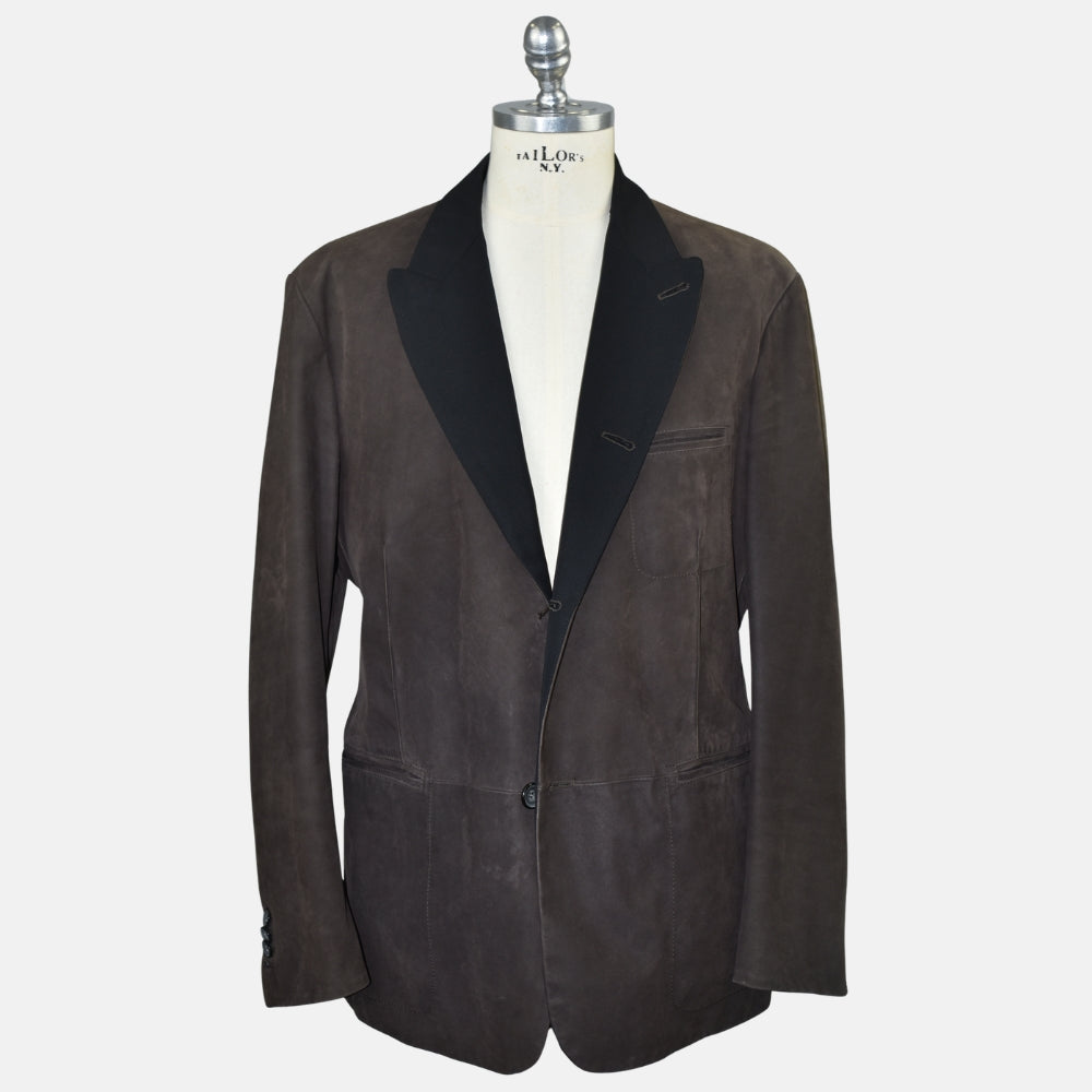 Brown Leather Peak Lapel Blazer