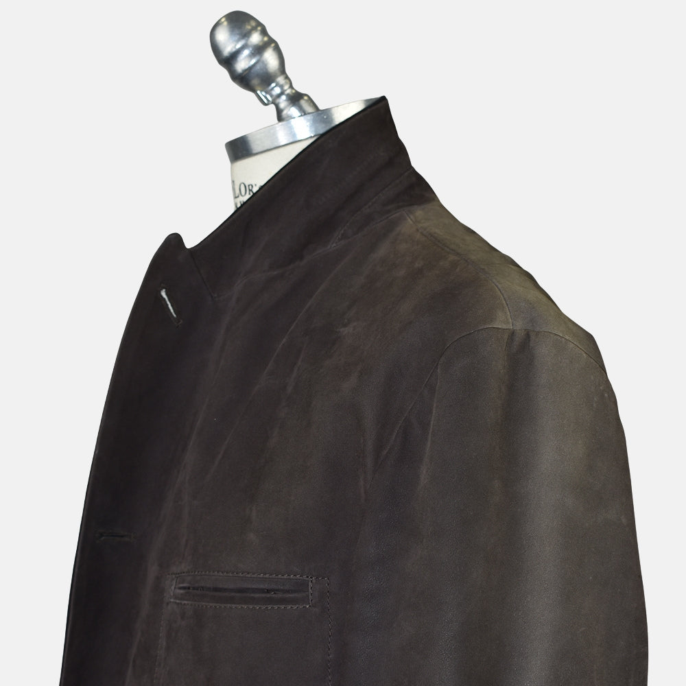Brown Leather Peak Lapel Blazer