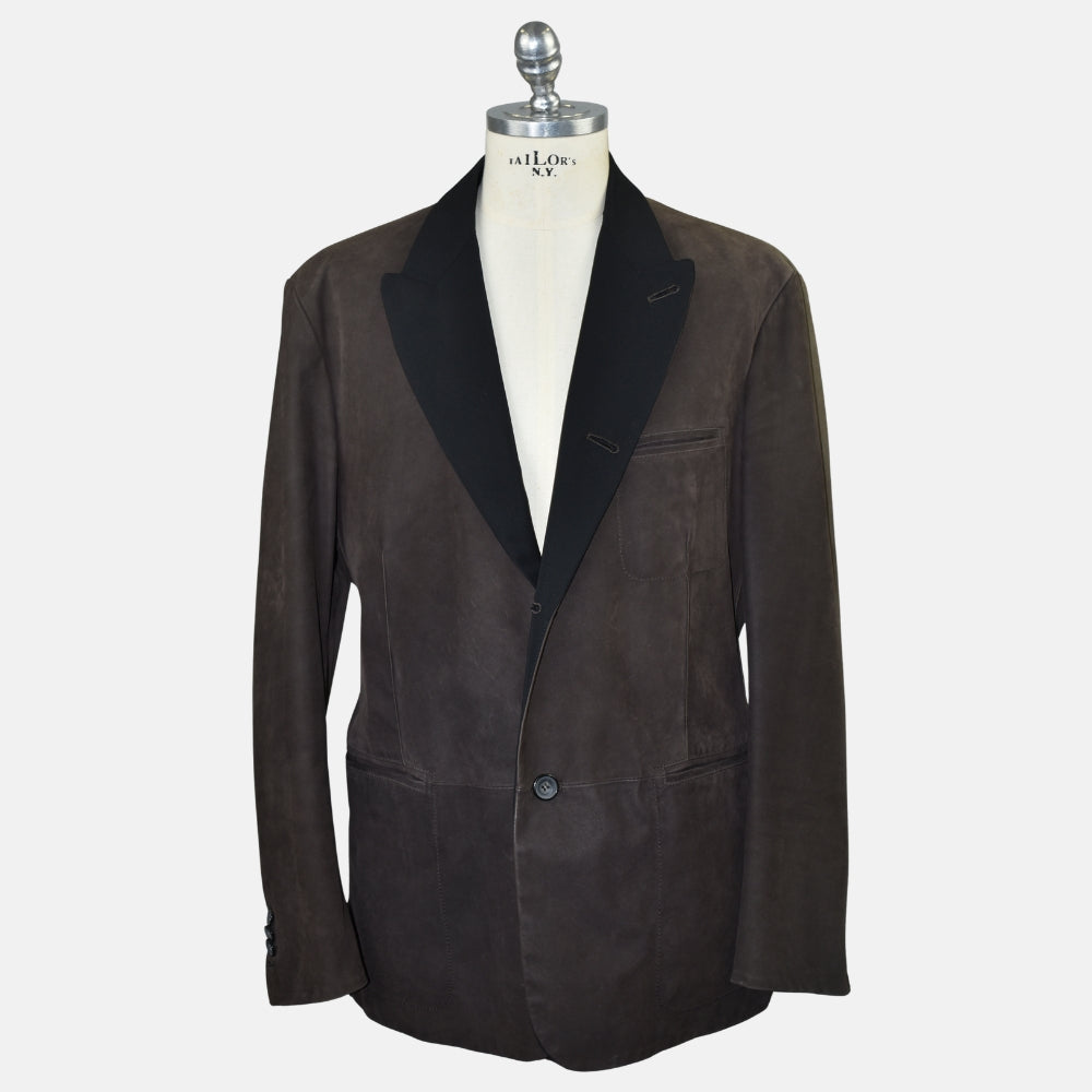 Brown Leather Peak Lapel Blazer