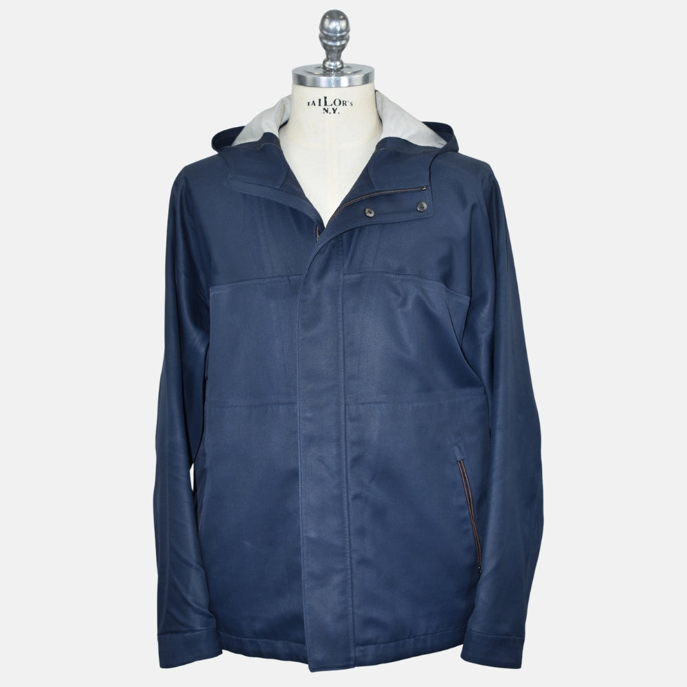 Navy Rain System Hooded Silk Jacket