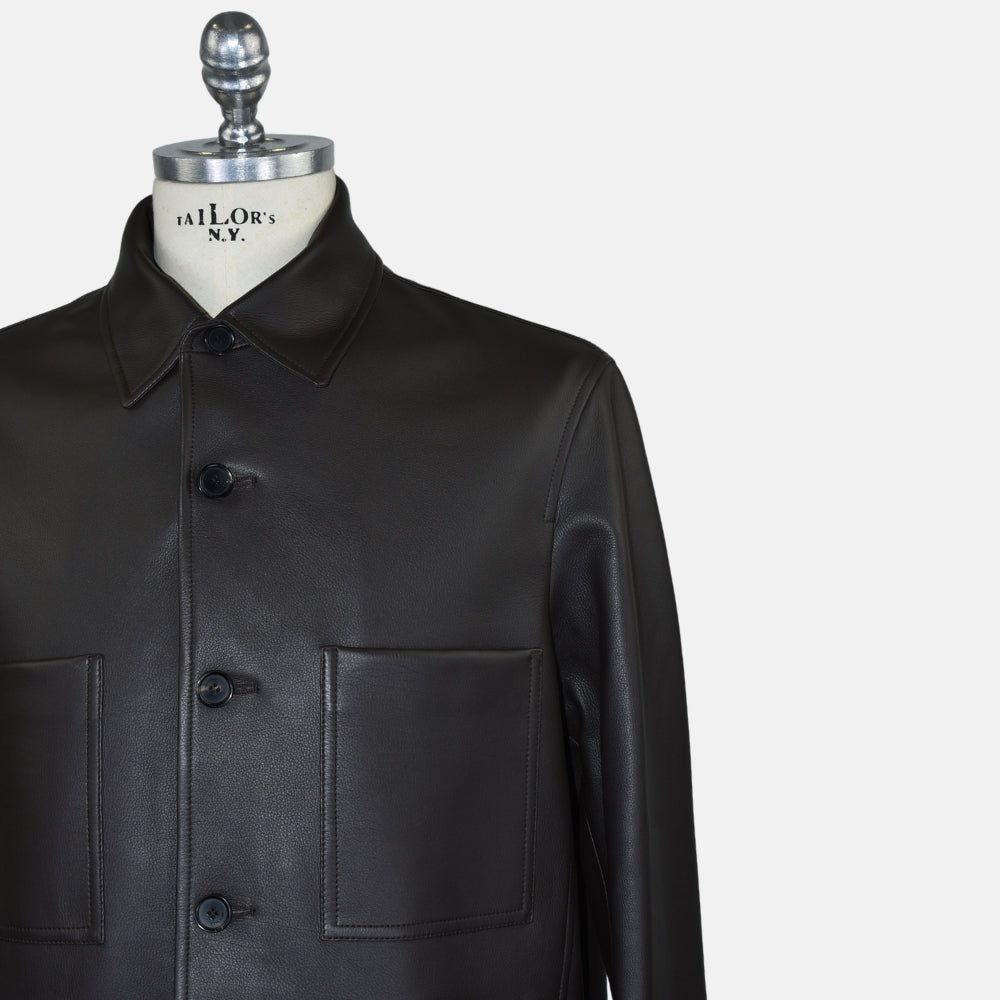 Dark Brown Calfskin Leather Shirt Jacket