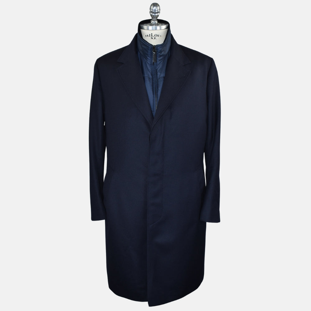 Navy Wool Overcoat with Detachable Quilted Gilet